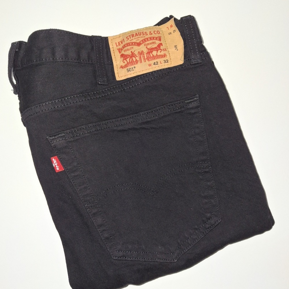 Levi's 501 Jeans Mens 42x32 Black Button Fly Regular Straight, Stretch Midrise